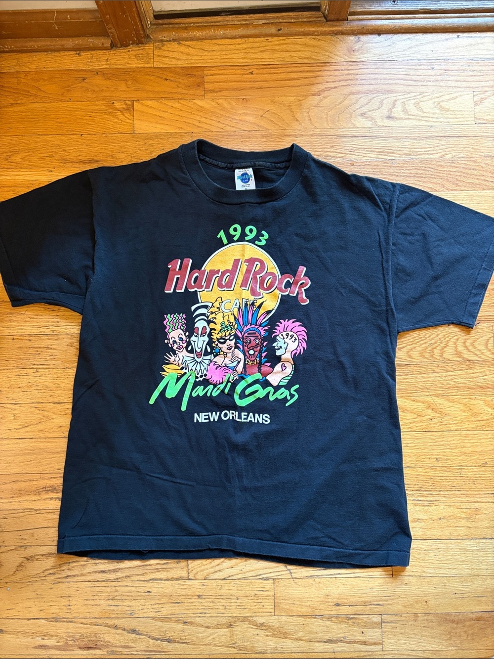 Vintage 1993 Hard Rock Cafe Black Kids Tee with Neon Mardi Gras Graphic